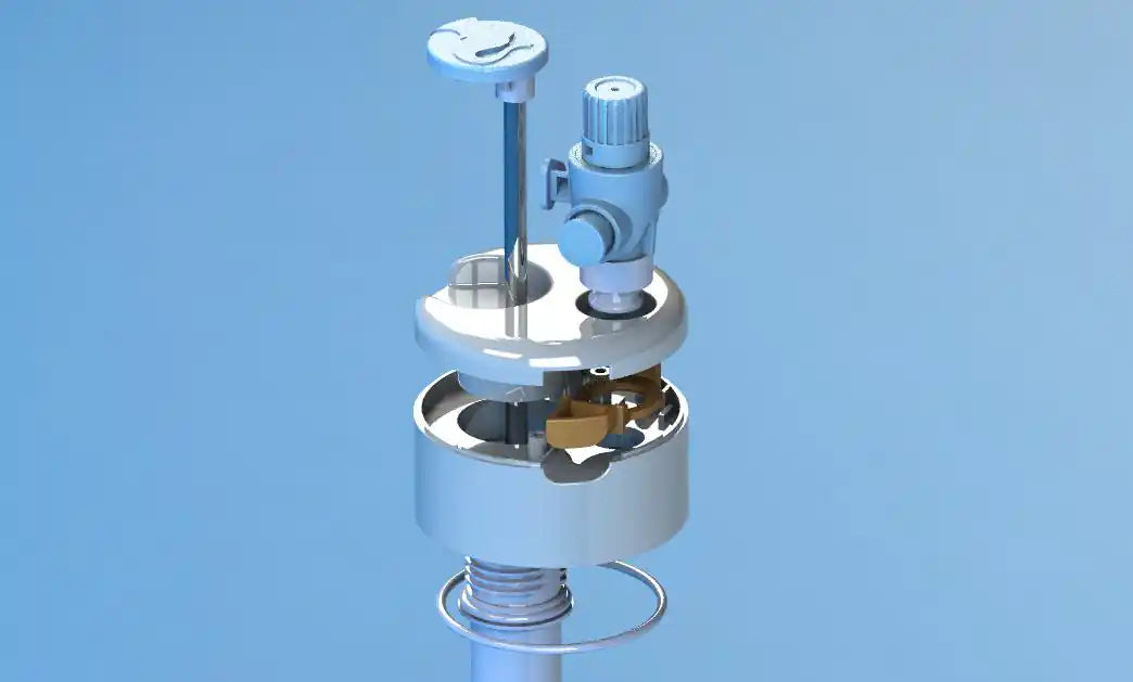3D exploded view of the Portalo portable bidet showing the Ogive locking system and internal pump mechanism. Image