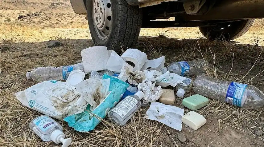 Wet wipe waste highlighting plastic pollution and chemical risks to skin health. Image