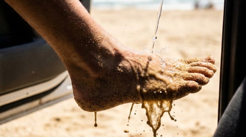 Un pied plein de sable pour une session de nettoyage après la plage