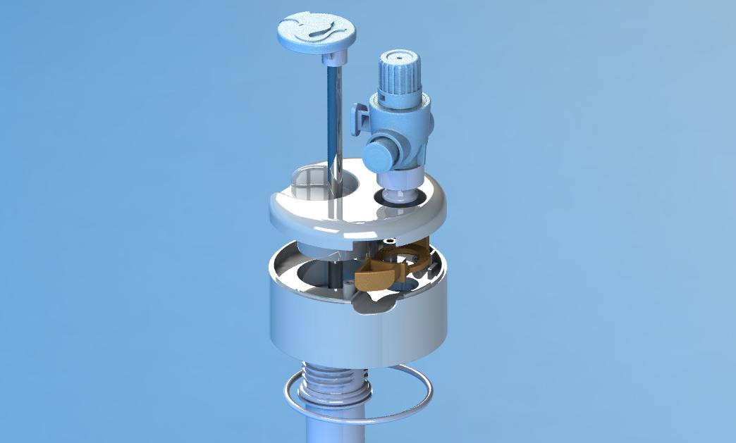 Vue 3D éclatée de la douchette Portalo montrant le système de verrouillage Ogive et la pompe interne.